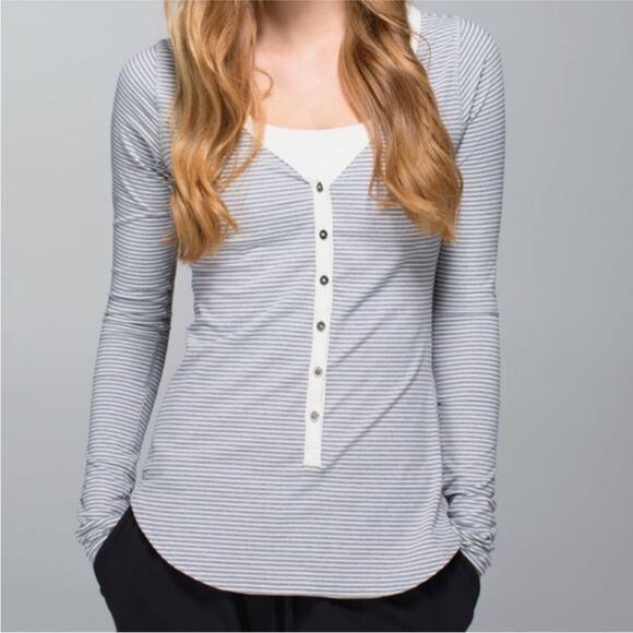 Lululemon Awesoma Henley Hyper Stripe Heathered Slate Ghost Size 6 Rulu Light - Picture 1 of 11